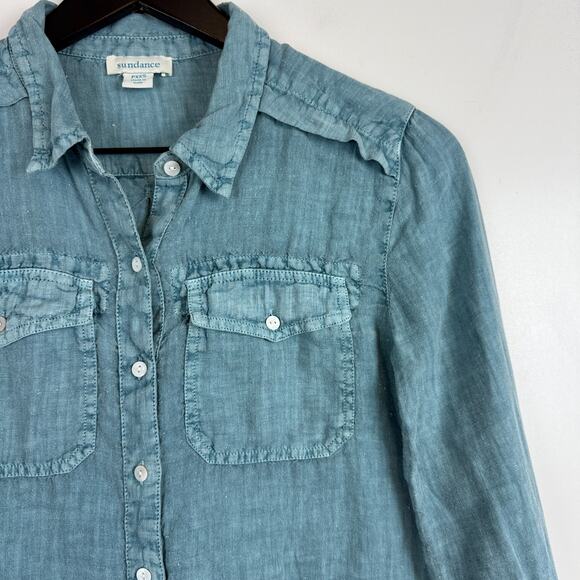 Sundance 100% Linen Button Down Shirt Blue - PXXS P2XS Petite - Picture 2 of 9